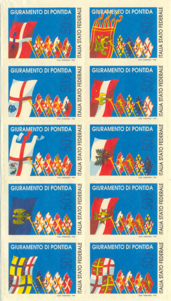 1 EMISSIONE POSTE PADANE, Giuramento di Pontida (dentellati a trattini) - 1993